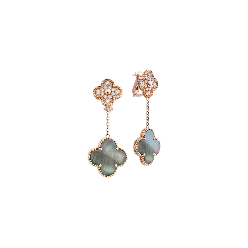 Van Cleef & Arples Magic Alhambra Rose Gold Earrings with 2 motifs, Diamond, Mother of pearl